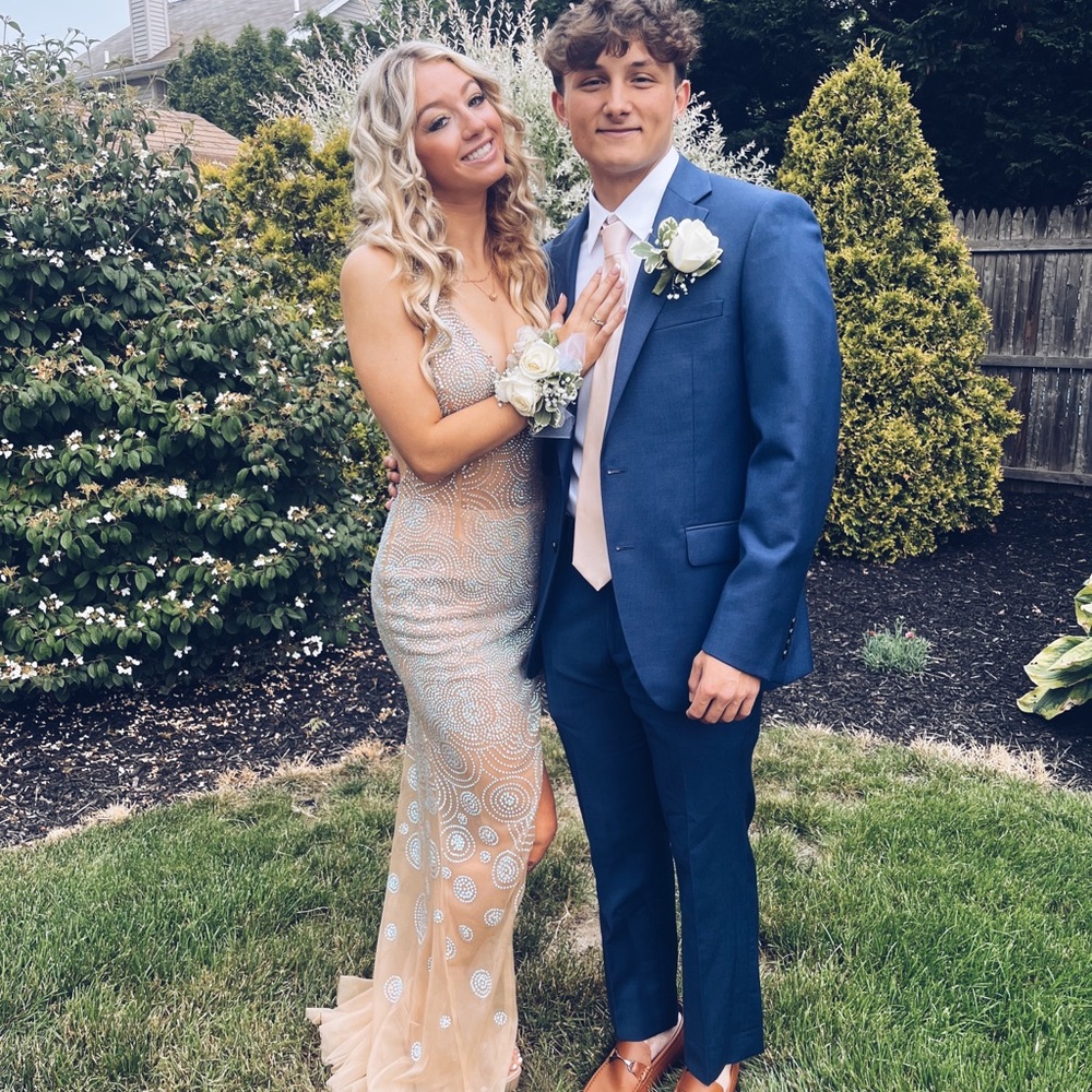 Jovani sparkly beige prom dress size 2 with a slit on the left side, worn once